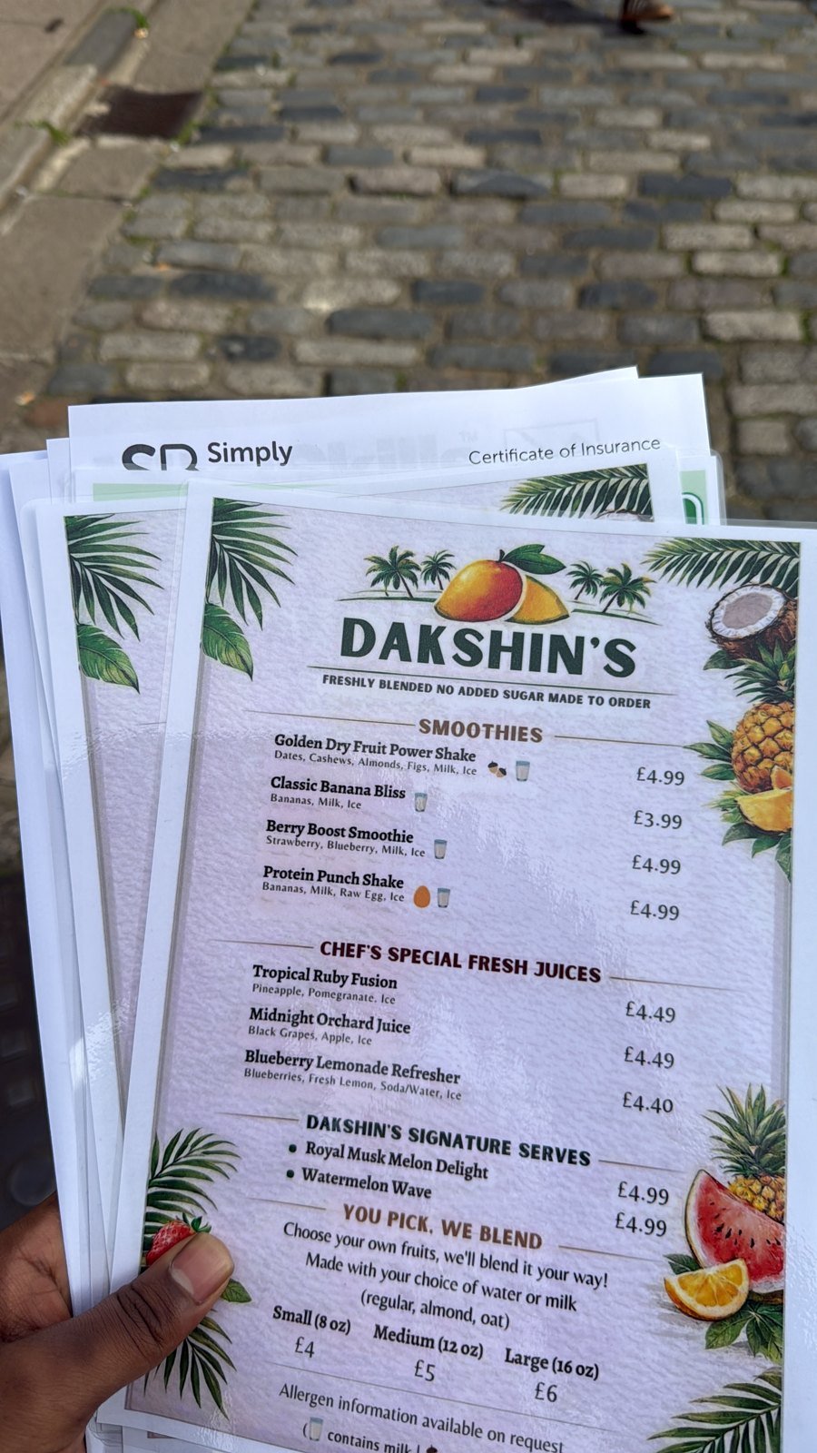 Printed Dakshin’s smoothie and fresh juice menu