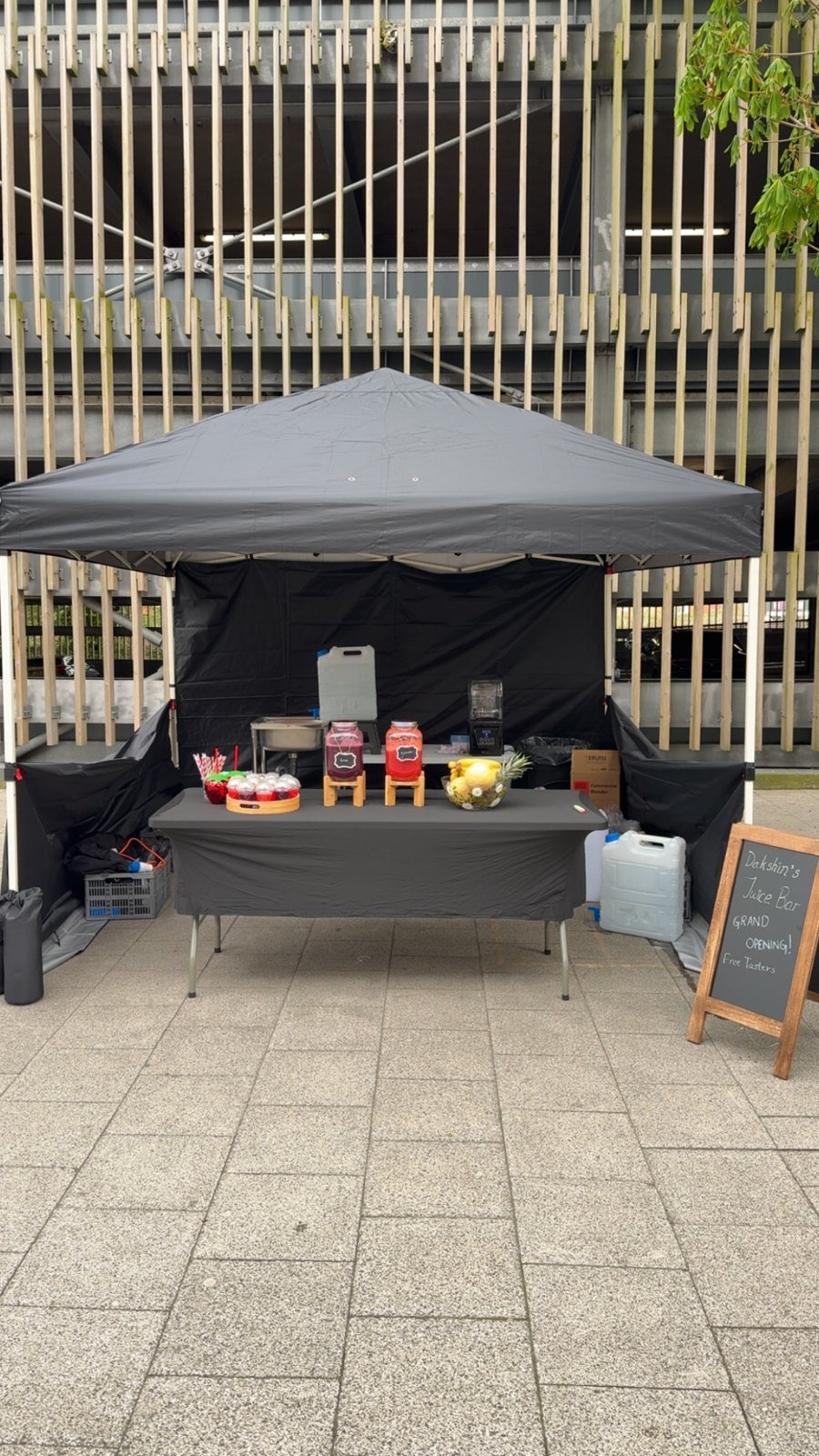 Dakshin’s Juice Bar opening stall with juice dispensers